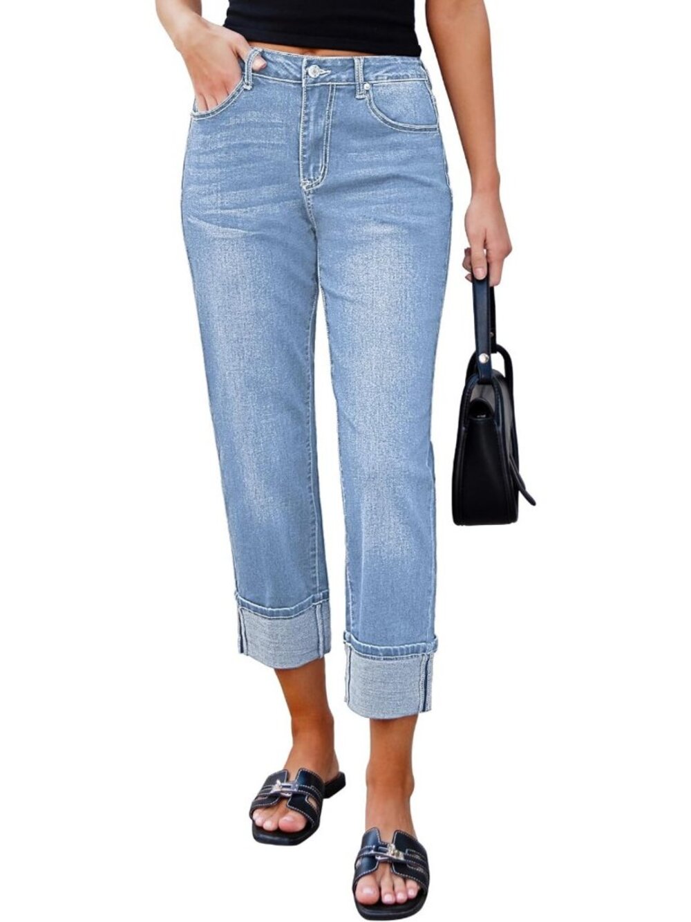 Trendy High Waisted Cropped Straight Leg Jeans for Women - Stretchy Boyfriend